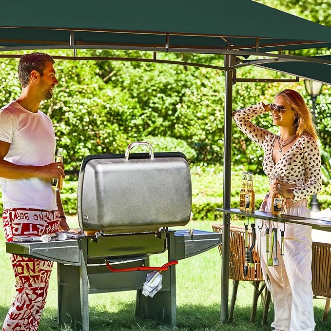 FAB BASED 5x8 Grill Gazebo with Extra Awning, All-Weather Steel Construction, Double Tiered & Resistant Canopy Roof, Metal Serving Shelves, 2 LED, Bottle Opener for Patio, Backyard, BBQ (Green)