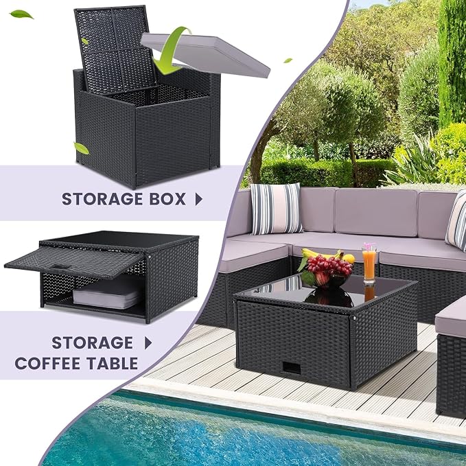8-Piece Outdoor Wicker Patio Furniture Set with Glass Top Table Featuring Hidden Storage for Backyard, Garden, Deck, or Porch(Blue)