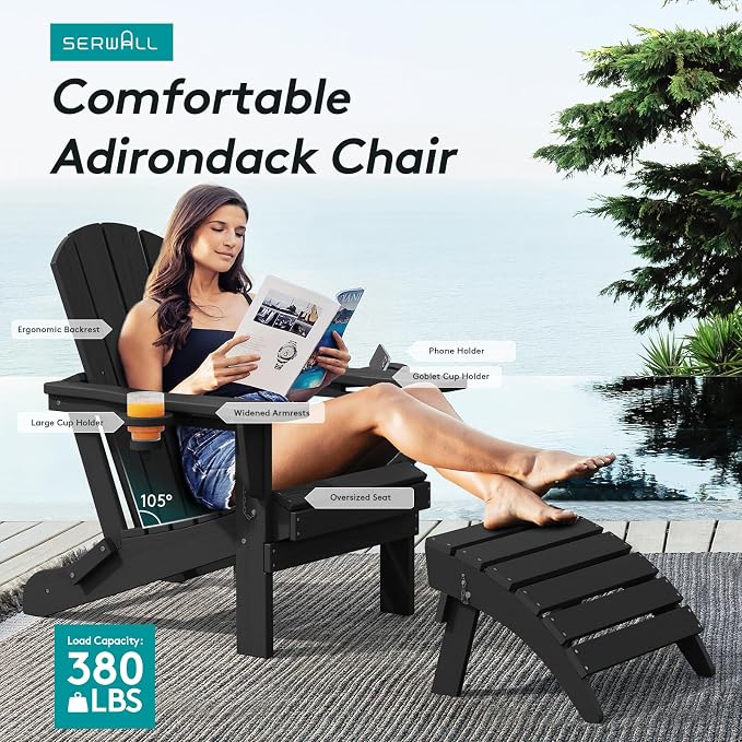 SERWALL Folding Adirondack Chairs with Dual Cup Holder, HDPE Adirondack Chairs Set of 4, Plastic Outdoor Chairs,Black