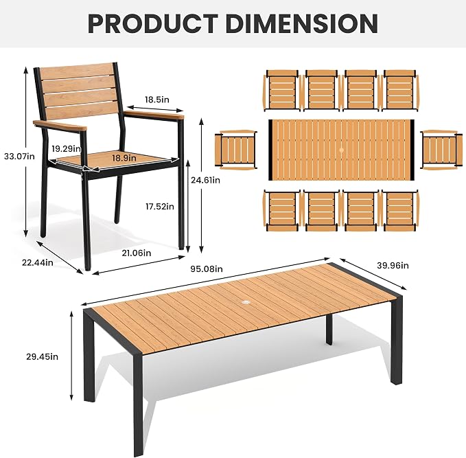 11-Piece Outdoor Dining Set, 95" Aluminum Table and Stackable Armchairs | Umbrella Hole and All-Weather WPC Rectangular Patio Furniture for 10 for Garden Patio Backyard (Brown)