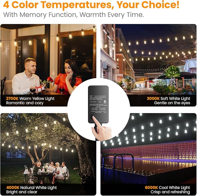 Kawaya Outdoor String Lights for Patio - ST38 Outside IP65 Waterproof Hanging Light with 2700k~6000k Dimmable - 50FT Led Edison Lights for Cafe Bistro Yard Gazebo Porch