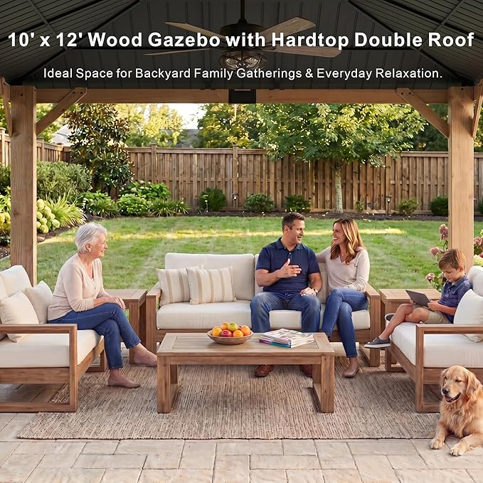 Wood Gazebo 10' x 12', Permanent Pavilion with Hardtop Galvanized Steel Double Roof, Cedar Gazebo with 4.72" Thickened Wooden Posts for Poolside, Patio, Backyard, Garden and Deck