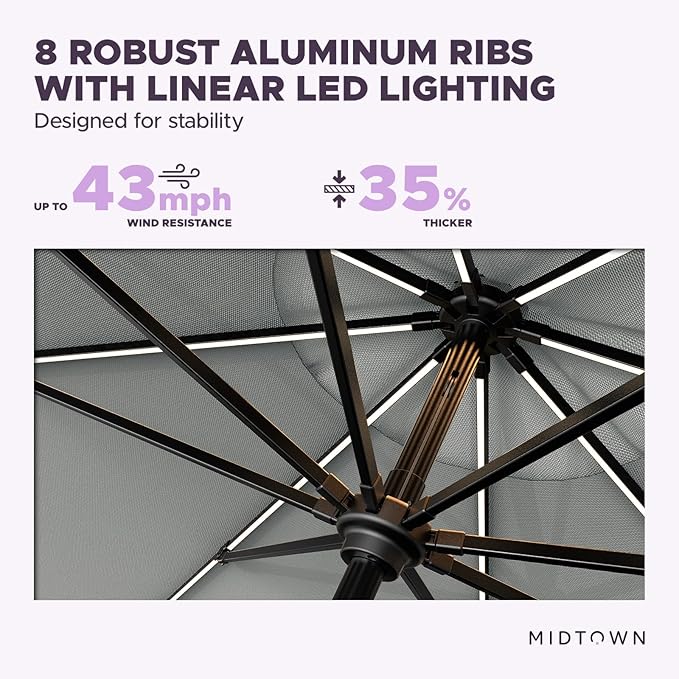 Midtown Umbrellas The LED Swilt 8 Feet Patio Umbrella With Terylast Matter (Grey) Polyester Fabric - Auto-Tilt Aluminum Frame With LED Lights For Backyard, Deck, Garden, Pool - Black Pole