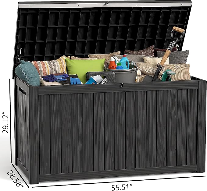 ROJIK Outdoor Storage Housing Deck Box - Waterproof Patio Furniture, Garden Tools, Cushions, Pool Accessories Storage Bench with Lockable Lid and Side Handles (Black, 200 Gal)