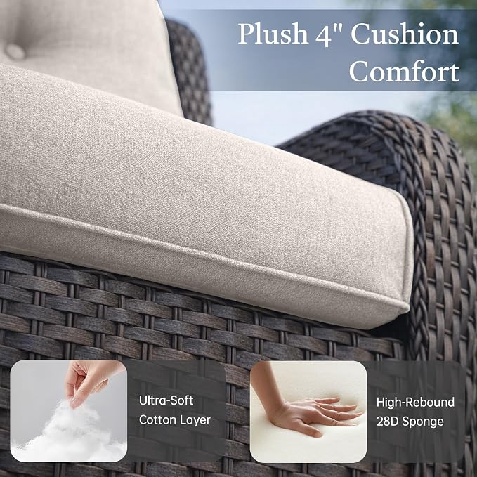 6 Piece Patio Furniture Set with Ottoman - All Weather Patio Conversation Set with 4 Inch Thick Cushions and Deep Seating Swivel Glider Chairs & Outdoor Couch for Porch Deck Yard Pool