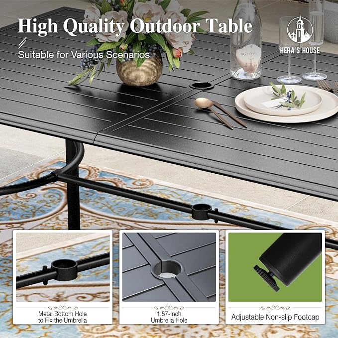 HERA'S HOUSE 7pc Outdoor Patio Dining Set, 6 Textilene Chairs, Blue | 67" rectangular metal table with umbrella hole. Waterproof, rust-resistant, all-weather for backyard, porch