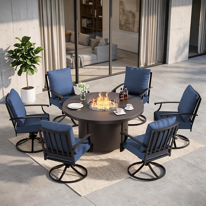 7 Pieces Outdoor Patio Furniture Set with 48" 55000 BTU Round Propane Fire Pit Table,Patio Dining Set Outdoor Conversation Sets 6 Swivel Chairs for Deck,Backyard and Garden,Dark Blue
