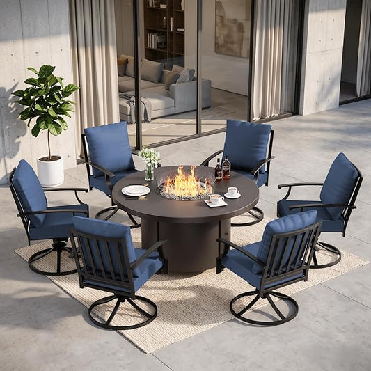 7 Pieces Outdoor Patio Furniture Set with 48" 55000 BTU Round Propane Fire Pit Table,Patio Dining Set Outdoor Conversation Sets 6 Swivel Chairs for Deck,Backyard and Garden,Dark Blue