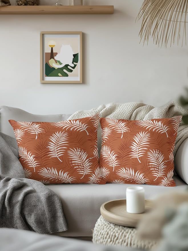 Waterproof Outdoor Pillow Set of 2 Orange Tropical Palm Leaves Decorative Throw Pillows Cover & Insert 16x16 Inch Pillowcase Summer Jungle Foliage Pillows for Couch Sofa Bed Patio Furniture