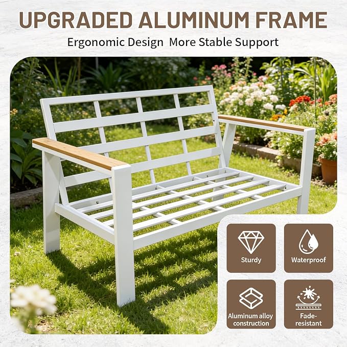 Aluminum Patio Furniture Set, Modern Metal Outdoor Conversation Sectional Sofa with Washable Thick Cushions, Coffee Table and Waterproof Cover (White, 1088-4seat)