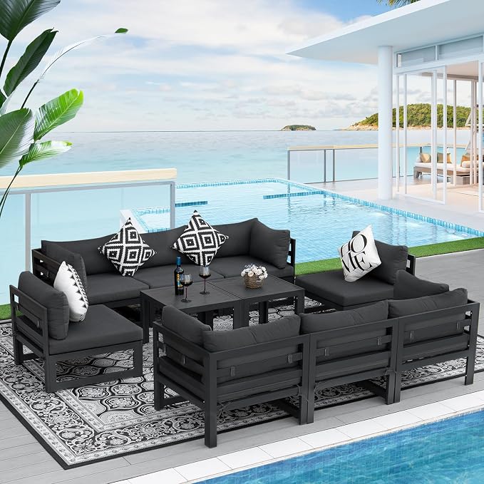 RADIATA 10 Piece Modern Aluminum Outdoor Patio Furniture Set, 29" Wide Deep Seating, Fade Water Resistant U Shaped Modular Sectional Couch, Large Comfy Conversation Set for Backyard Garden, Dark Gray