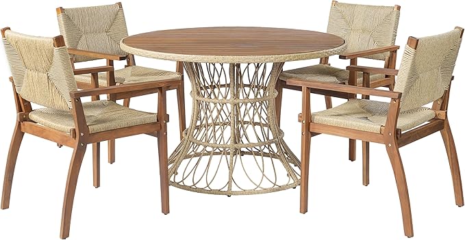 Merax 5-Piece Outdoor Dining Set, 47.24'' Round Acacia Wood Table & 4 Wicker Armchairs, Patio Furniture Set for Garden Balcony Deck, Teak Finish