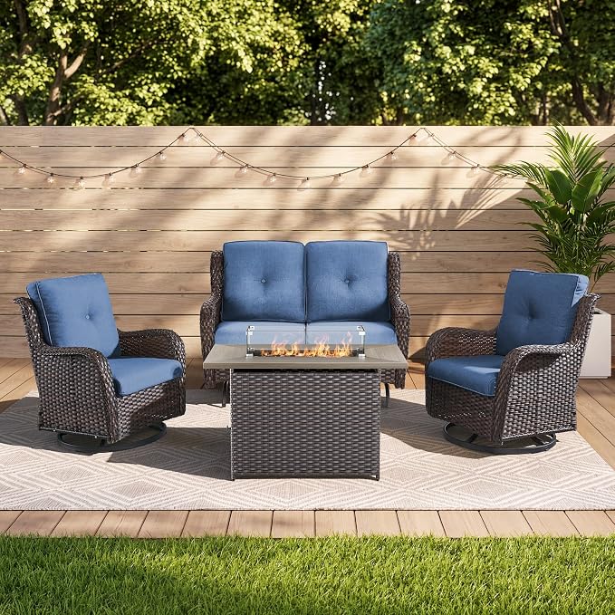 Belord 4 Piece Patio Wicker Furniture Set, Outdoor Swivel Rocker Chairs, All Weather Outdoor Patio Loveseat Set with Fire Pit Table for Deck Porch, Brown Wicker/Blue