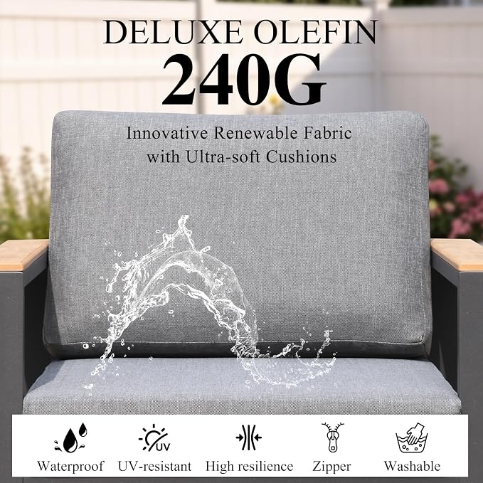 3-Seat Aluminum Outdoor Sofa, 1-Piece Powder-Coated Patio Sectional Sofa with 1.5mm Thick Frame, Anti-Hot Armrest & Waterproof Removable Cushions, Large Outdoor Couch for Backyard Courtyard Grey