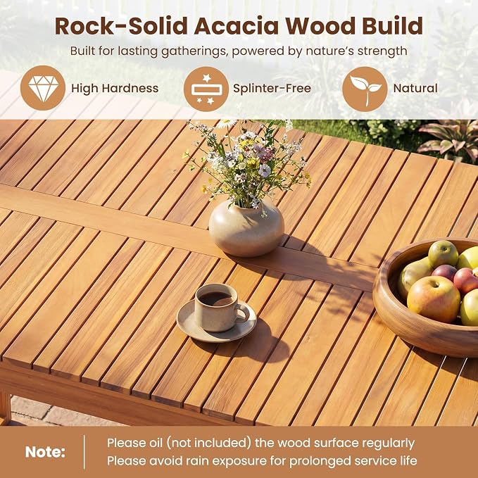 Tangkula 3 Pieces Patio Wooden Dining Set, Acacia Wood Rectangular Picnic Beer Table with 2 Benches for 4 People, Outdoor Dinner Furniture Set for Backyard, Garden and Poolside