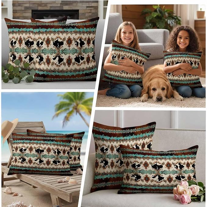 Boho Cowhide Outdoor Pillow Covers 26"x26" Set of 2, Western Aztec Tribal Green Brown Cow Texture Waterproof Throw Pillow Covers for Patio Furniture, Decorative Cushion Covers for Porch