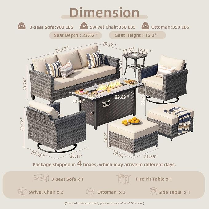 CAODOC 7-Piece Outdoor Wicker Patio Set with 7 Seats, Including 53" Fire Pit - Swivel Rocker Chairs and Conversation Set for Backyard or Lawn, Gray Rattan with Waterproof Beige Cushions
