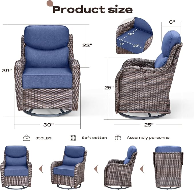 Rilyson Outdoor Patio Furniture Set - Weather Resistant Wicker,High Back,6 inch Cushions,3 Piece Patio Bistro Set with Swivel Rocker Chairs and Side Table for Deck Porch Yard,Brown/Blue