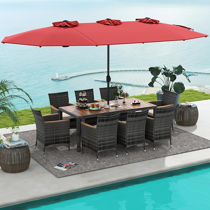Tangkula 10 Pieces Patio Wicker Dining Set w/Double-Sided Patio Umbrella, Outdoor Acacia Wood Furniture Set w/ 8 Armchairs, 71” Dining Table & 15 ft Umbrella with Weighted Base (Wine)