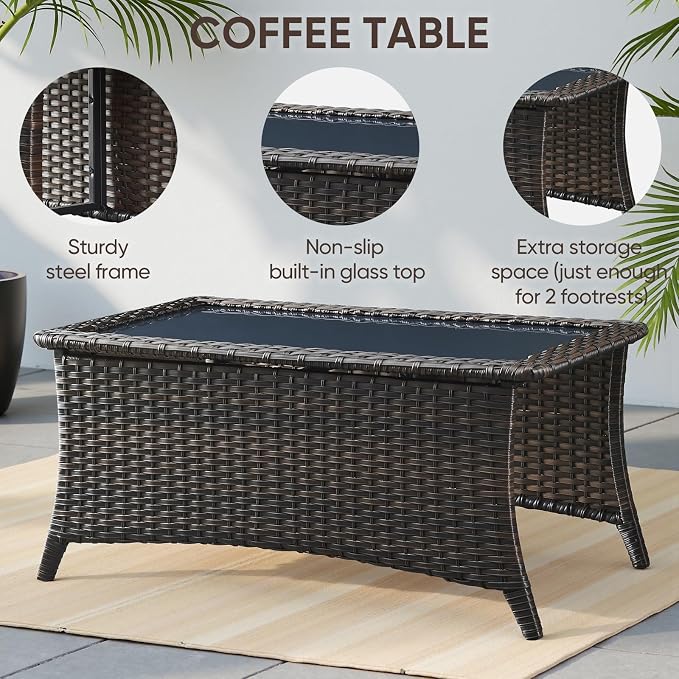 Swivel Patio Chairs sofa Set of 8 with 6" Thick Cushion - Wicker Outdoor Swivel Rocker Patio Chair ,Sofa/Glass coffee table, High Back Comfortable Outdoor Glider Chairs - Brown Wicker - Blue Cushions