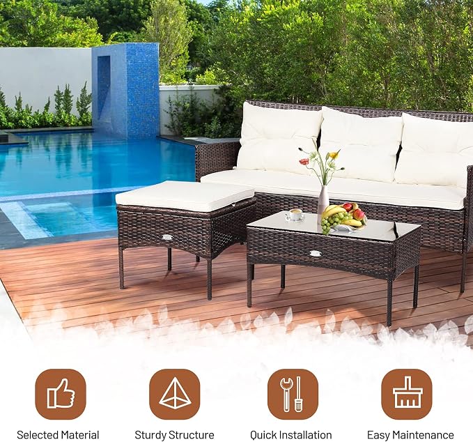 RELAX4LIFE 3 Pieces Patio Furniture Sectional Set, Rattan Wicker Conversation W/ 5 Cozy Seat & Back Cushions, Tempered Glass Coffee Table for Poolside, Balcony Outdoor Furniture (Beige+Brown)