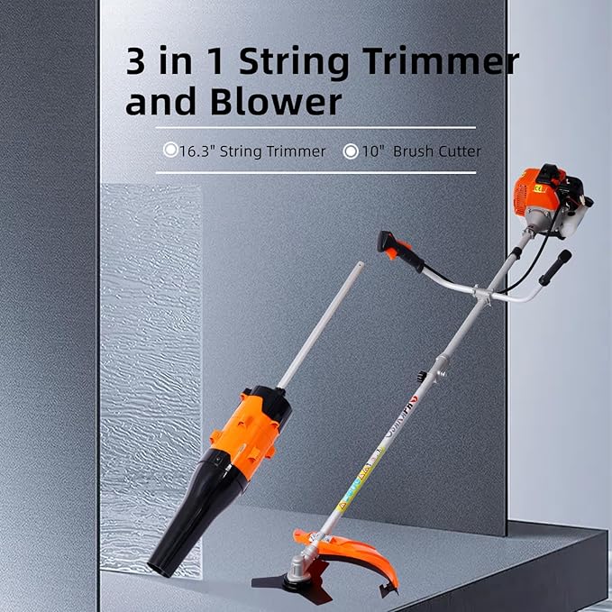Weed Wacker Gas Powered, 52cc 2-Stroke Gas Weed Eater, 3 in 1 Blower, String Trimmer with 10’’ Brush Cutter,Rubber Handle & Shoulder Strap Included (Orange)