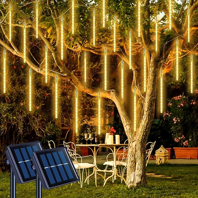 JMEXSUSS 2 Pack Warm White Solar Meteor Shower Lights | 16 Tube 288 LED Meteor Christmas Lights, Solar Christmas Lights Outdoor Waterproof for Tree Christmas Decorations