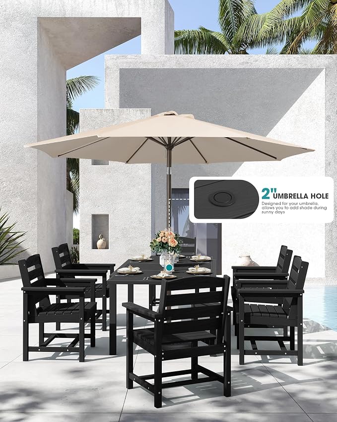 SERWALL HDPE and Aluminum Outdoor Dining Set for 8, Black | 60" - 83" Expandable Outdoor Dining Table and 8 HDPE Chairs, All Weather Outdoor Furniture Set