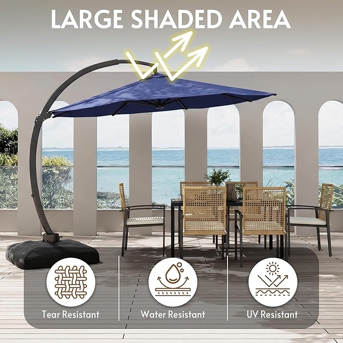 12FT Cantilever Patio Umbrella with Base Included, Large Cantilever umbrella with 360°Rotation, Heavy-Duty Offset Outdoor Umbrella for Patio,Pool,Garden and Backyard (Navy Blue)