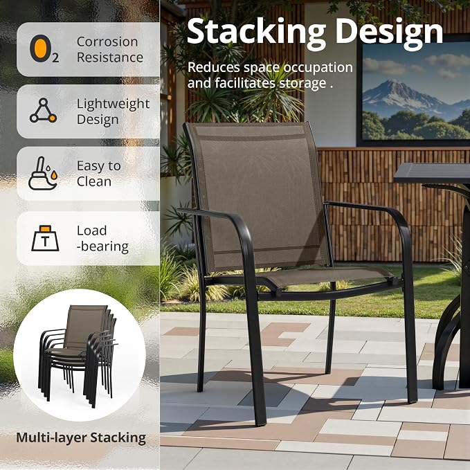 SUNCROWN 6 - Piece Outdoor Dining Set, Patio Furniture Set with 4 Textilene Dinning Chairs, 1 Steel Slat Metal Bistro Table and 1 Sky Blue 9Ft Patio Umbrella for Lawn Garden Backyard Deck, Brown