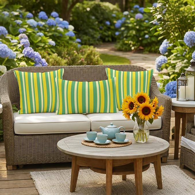 Lemon Green Yellow Outdoor Pillow Covers 24x24 Inch Throw Pillow Covers Set of 2 Waterproof Decorative Pillow Cases Summer Modern Farmhouse Striped Cushion Covers for Patio Furniture Garden Couch Sofa