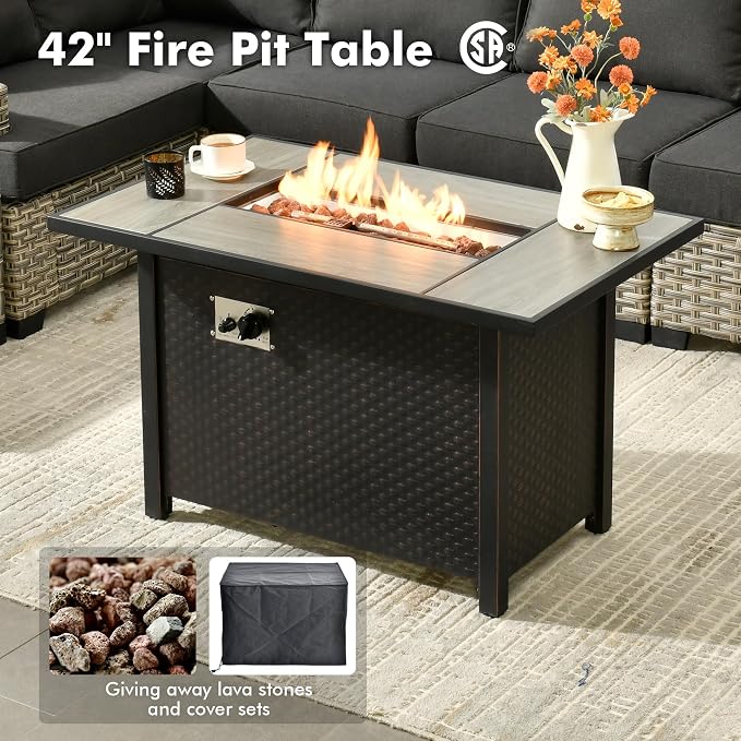 Weaxty 7 Pieces Wide Seats Outdoor Furniture Set, L Shape Sectional Couch Ottoman Fire Pit Solar Table, Thick Cushion All-Weather Rattan Patio Conversation Sets for Backyard Porch Deck, Black