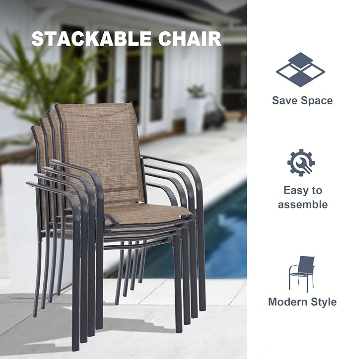 VICLLAX 7 Pieces Patio Outdoor Dining Set, 63" Outdoor Rectangular Metal Dining Table with Umbrella Hole and 6 Stackable Textilene Chairs for Lawn, Garden, Porch, Black/Brown
