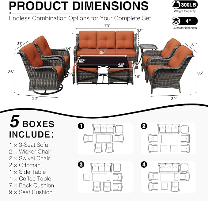 Joyside 9 Piece Wicker Patio Furniture Set, Outdoor Swivel Rocker Patio Chairs with High Back, Deep Seating, Wide Armrest, Thickened Cushions, Outdoor Furniture for Deck, Porch Use