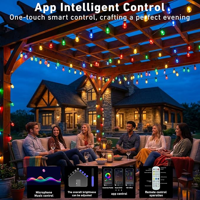 200FT RGB+IC Outdoor String Lights, IP67 Waterproof Dimmable Shatterproof Patio Bulbs with Chasing DreamColor Effect, Smart Decorative String Lights for Backyard, Garden, Balcony & Outdoor Areas