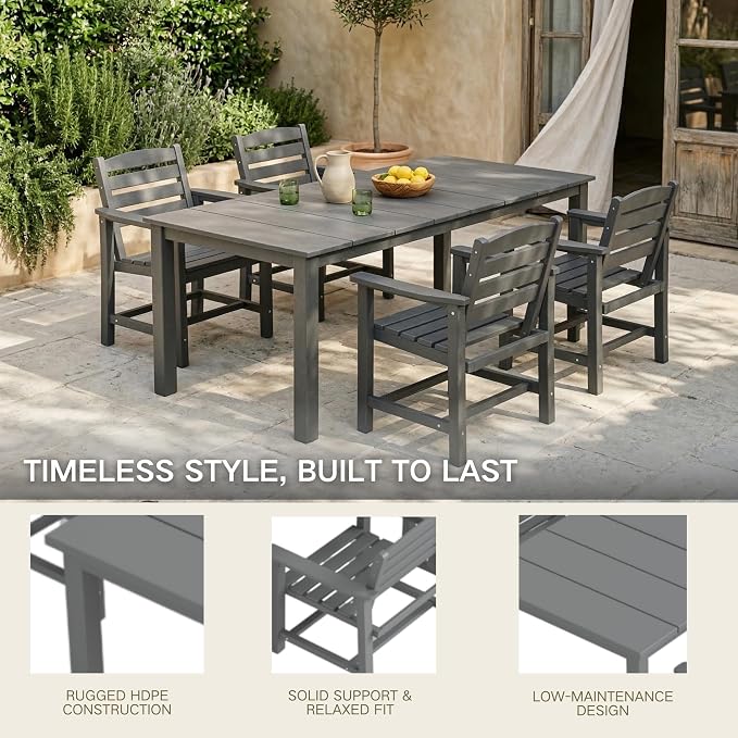 Kingdura 9 Piece Patio Dining Set for 8, 75.2'' HDPE Outdoor Dining Table Set with 2" Umbrella Hole, Weather-Resistant Outdoor Furniture, Table and Chairs Set for Backyard Pool Garden, Grey