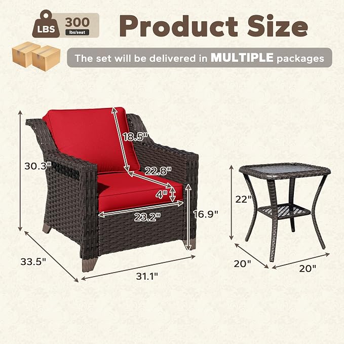 3 Pieces Patio Conversation Furniture Set - 2 Armchairs, 1 Side Table, Outdoor Wicker Furniture with Removable Cushions for Porch, Balcony, Deck, Sunroom (Red)