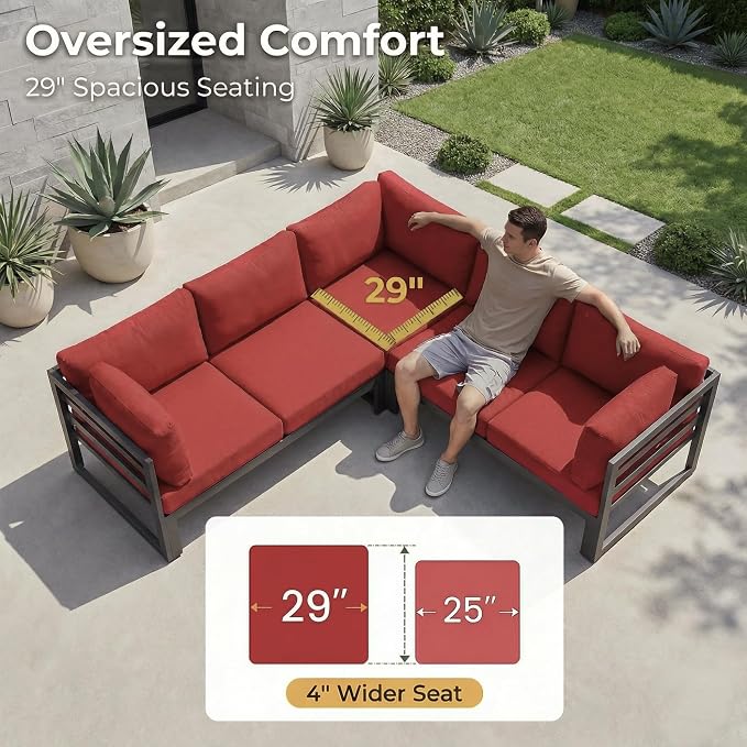 RADIATA 8 People Large Luxury Aluminum Patio Conversation Set with Fire Pit Table Propane/Gas, 29" Deep Wide U Shaped Sectional Couch, 500 lbs Heavy Duty UV Resistant Outdoor Sofa for Front Yard, Red