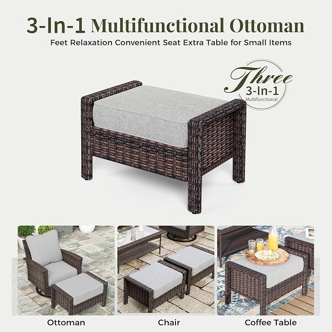MIXPATIO 6-Piece Wicker Patio Furniture Set with Swivel Chairs, High Back Outdoor Furniture with Fire Pit Table and Ottoman, All-Weather Wicker Patio Conversation Set for Deck Yard Pool, Grey