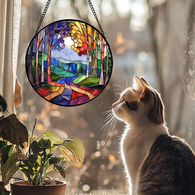 DASTOLL Stained Glass Window Hanging, Colorful Forest Landscape Tree Suncatcher for Doors Window Home Abstract Sun Catchers Decoration Mother's Day Birthday Gifts for Women, Men, and Mom 6.3 in