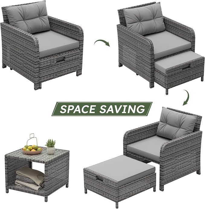 LHBcraft Outdoor Furniture 5 Piece Patio Conversation Set, PE Rattan Patio Set with Soft Cushions & Coffee Table, Outside Furniture with Hidden Ottoman for Porch, Lawn, Garden, Balcony, Grey