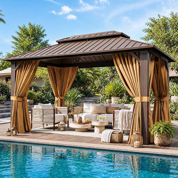 10x12FT Hardtop Gazebo, Metal Frame with Double Galvanized Steel Roof, Permanent Outdoor Pergola with Curtains and Netting Included for Backyard, Patio, Lawn and Garden, Brown