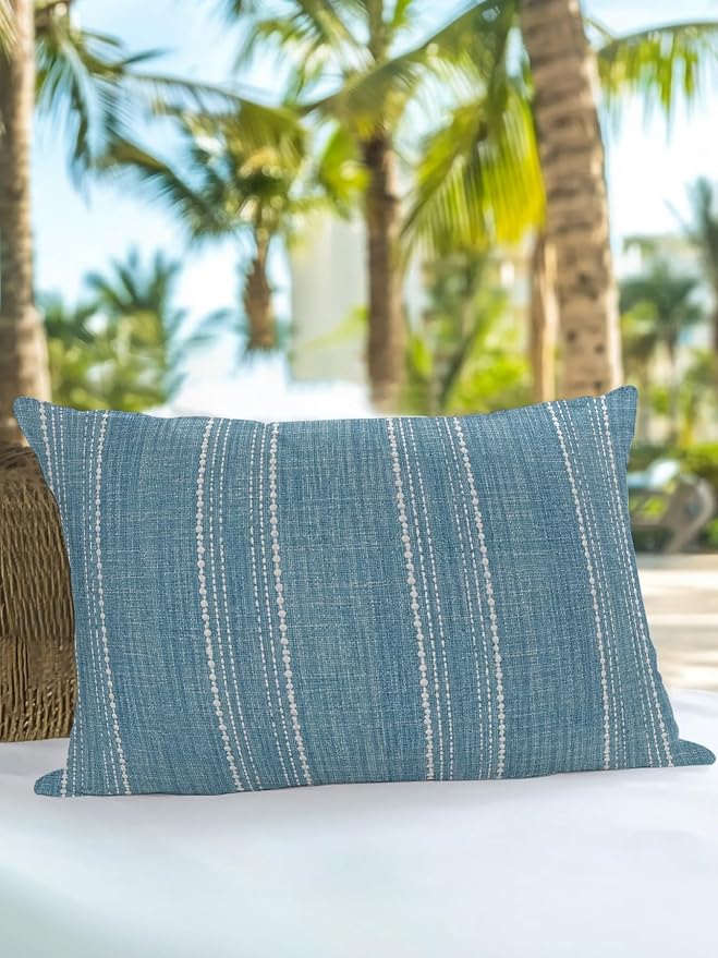 Waterproof Outdoor Pillow 1 Pack Coastal Blue Linen Stripes Decorative Throw Pillows Cover & Insert 20x12 Inch Lumbar Pillowcase Parallel Vertical Lines Pillows for Couch Sofa Bed Patio Furniture