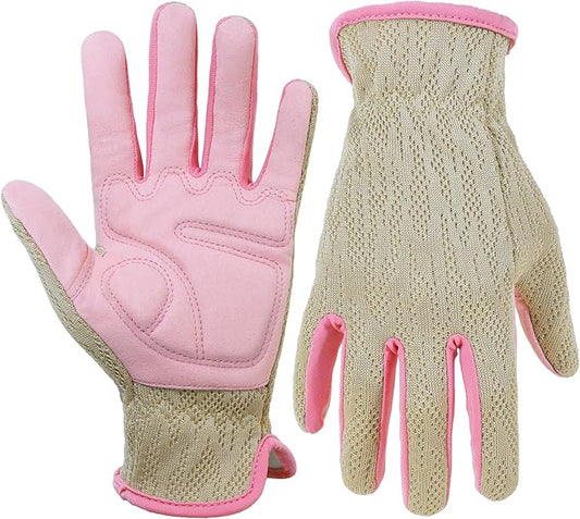 HANDLANDY Gardening Gloves for Women, Leather Garden Glove, Gardener Gift | Breathable Floral Ladies Leather Garden Yard Gloves, for Trimming, Weeding, Digging, Planting, Pruning