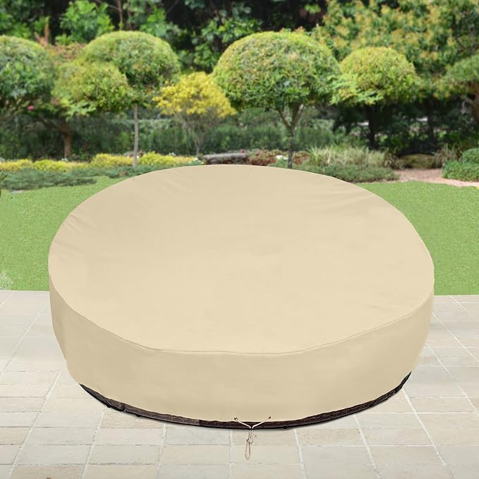 SunPatio Outdoor Daybed Cover, Heavy Duty Waterproof Round Canopy Sofa Bed Cover with Taped Seam, Patio Furniture Set Protector, All Weather Protection, 75"Dia x 35"/16”H, Beige