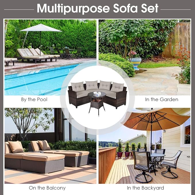 Tangkula 4-Piece C Shape Patio Furniture Set, Outdoor Corner Wicker Rattan Sectional Cushioned Sofa Set, with Glass Coffee Table, for Garden Poolside Balcony (Beige)