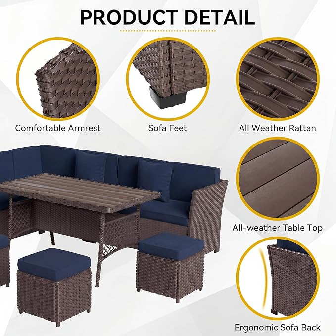 Patio Furniture Set, 7 Pieces Outdoor Dining Sets, All Weather Rattan Conversation Set, Outdoor Dining Sectional Sofa with Large Dining Table, Ottoman (Brown-Navy, A-7 Pieces)