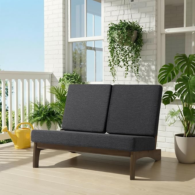 All Weather Wood Patio Furniture Sets, 3 Pieces Patio Loveseat Sofa Outdoor Sectional Futniture Backyard Conversation Set with Solid Wooden Coffee Table - Dark Gray