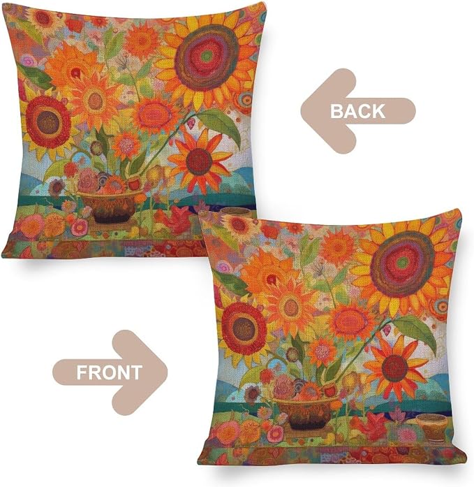 Cushion Covers Colorful Painting of Sunflowers Outdoor Square Pillow Cushion Cases Beautiful Flower Pattern Decorative Throw Pillow Covers 16"x16" for Outdoor Bed Sofa Cutton Linen Cushion Cases