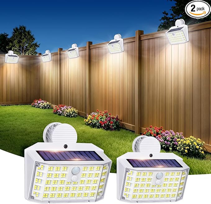176LED Clip on Solar Lights Outdoor, 600LM Solar Motion Lights Outdoor with 180° Wide Angle, IP65 Waterproof Portable Solar Fence Lights Outdoor for Fence, Gutter, Garden, Camping, Patio White 2Pack